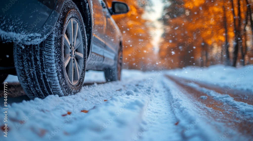 Close-up of the wheels of a car with winter tires on a snowy road in the forest Close-up of the wheels of a car with winter tires on a snowy road in the forest