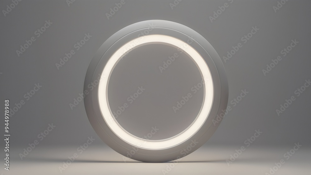 A silver studio ring lamp lighting on a neutral gray background. A silver studio ring lamp lighting on a neutral gray background.