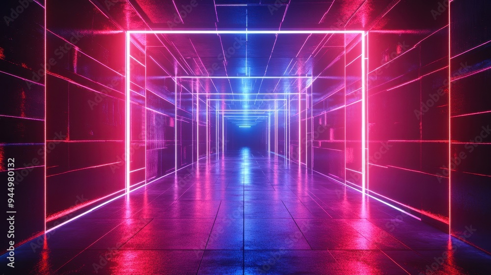 Laser grid lights forming a 3D cube, intense red and blue colors, high-tech futuristic stage design