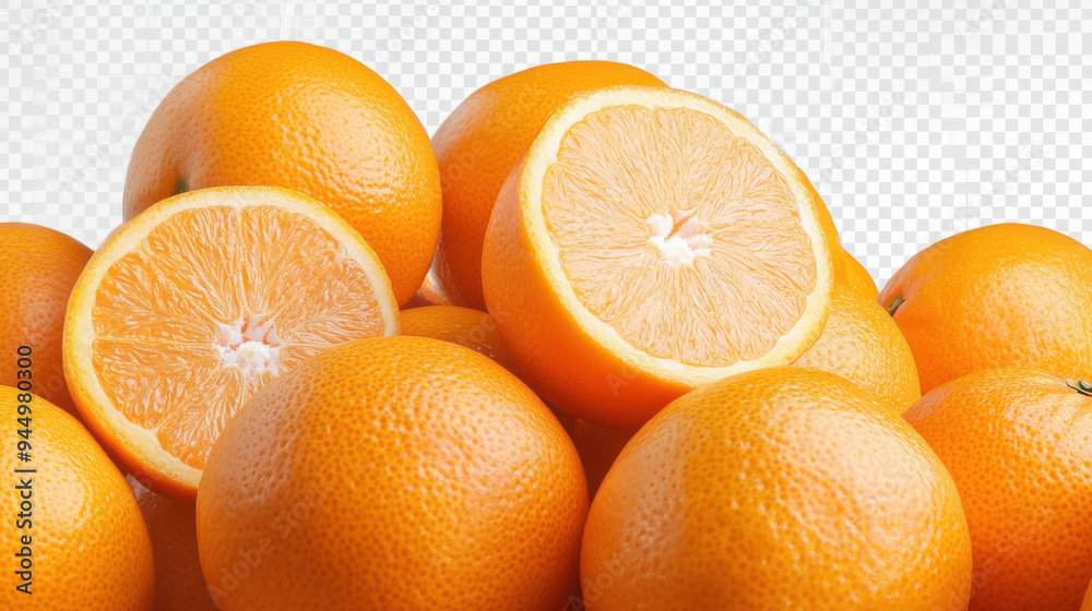 Detailed close-up of oranges at a lively market stall, isolated on a transparent background Detailed close-up of oranges at a lively market stall, isolated on a transparent background