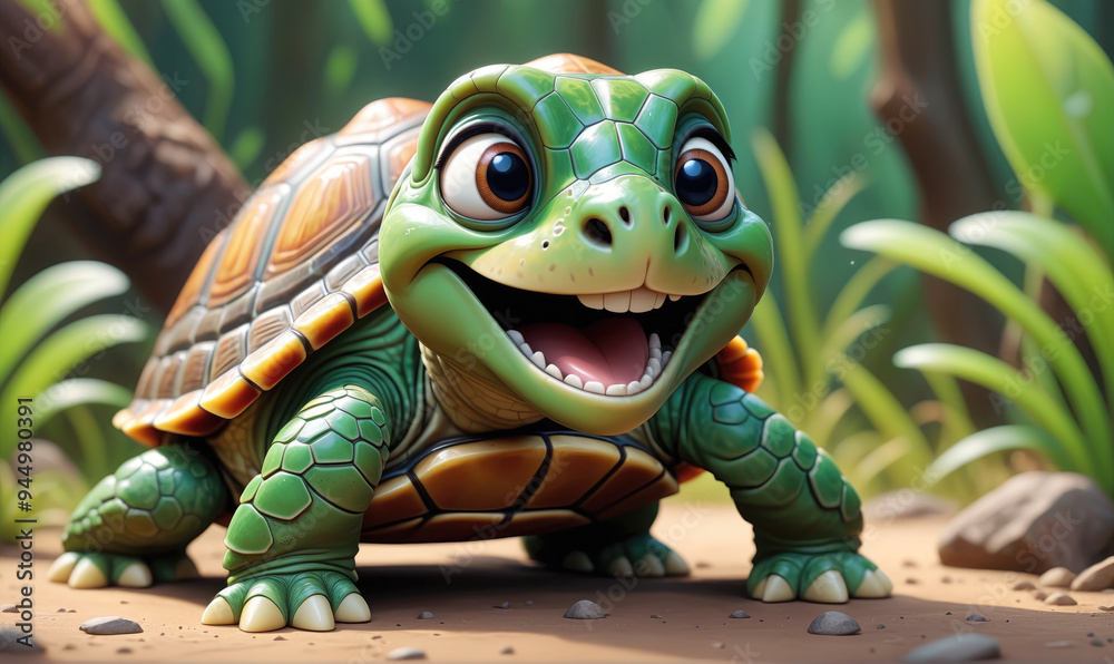 Obraz premium A cartoon turtle smiles widely as it walks through a lush forest
