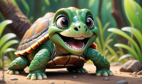 A cartoon turtle smiles widely as it walks through a lush forest