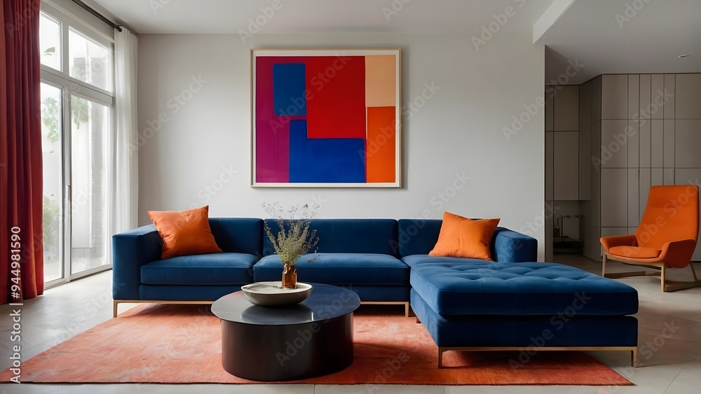A modern living room with a blue sectional sofa, a round coffee table, and an orange rug. There is a large abstract painting on the wall behind the sofa.