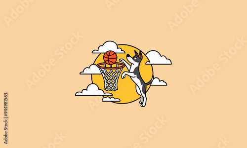 logo design of a dog playing basket ball vector flat design