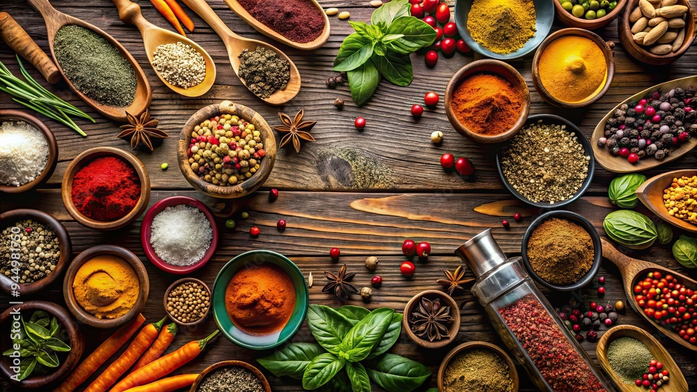 A table filled with an array of colorful spices and herbs , spices, herbs, cooking, flavor, seasoning, cuisine A table filled with an array of colorful spices and herbs , spices, herbs, cooking, flavor, seasoning, cuisine