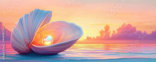 A clam with its shell opening to reveal a glowing pearl, set against a backdrop of a seaside sunset, surreal art, vibrant colors, mystical vibe