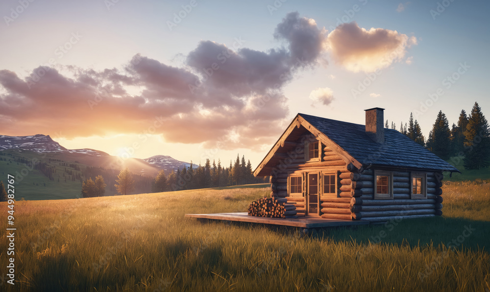 A small cabin sits on a grassy field with mountains in the background, bathed in the golden glow of sunset A small cabin sits on a grassy field with mountains in the background, bathed in the golden glow of sunset