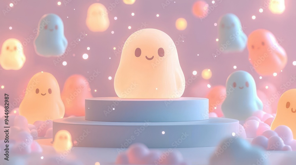 Podium surrounded by glowing ghosts, flat design, top view, ghost theme, 3D render, colored pastel Podium surrounded by glowing ghosts, flat design, top view, ghost theme, 3D render, colored pastel