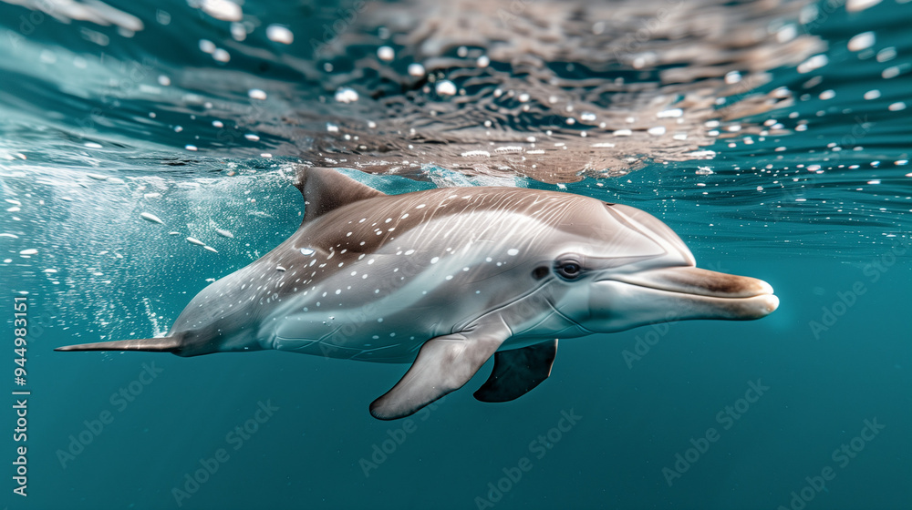Fototapeta premium Dolphin portrait while looking at you with open mouth. Dolphins Jumping From The Sea. Playful dolphins jumping over breaking waves. Hawaii Pacific Ocean wildlife scenery. Marine animals in natural. 