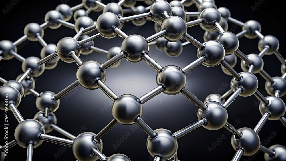 Connected gray spheres forming a monochrome hexagonal geometric pattern on a black background, carbonium Connected gray spheres forming a monochrome hexagonal geometric pattern on a black background, carbonium