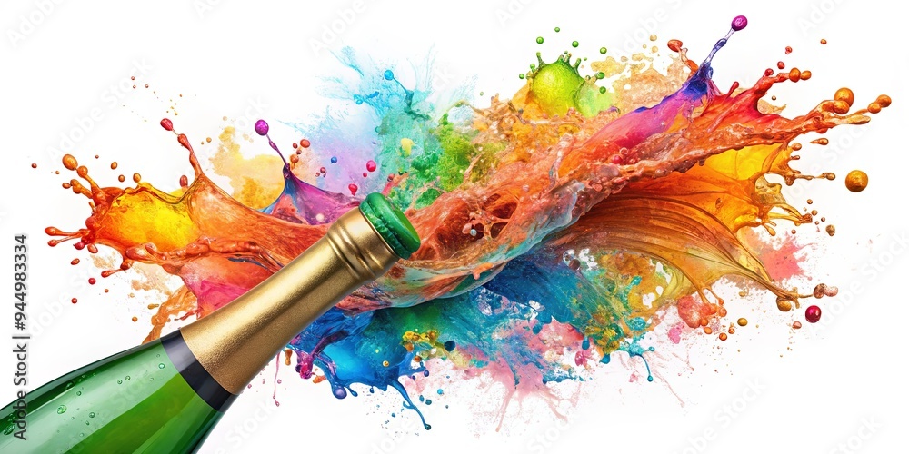 Obraz premium Vibrant painting of champagne bottle with colorful splash and green cap