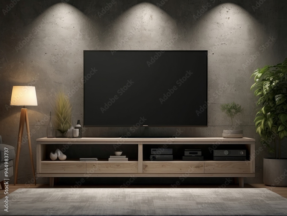 Modern Living Room with Flat Screen TV and Wooden Entertainment Center Modern Living Room with Flat Screen TV and Wooden Entertainment Center