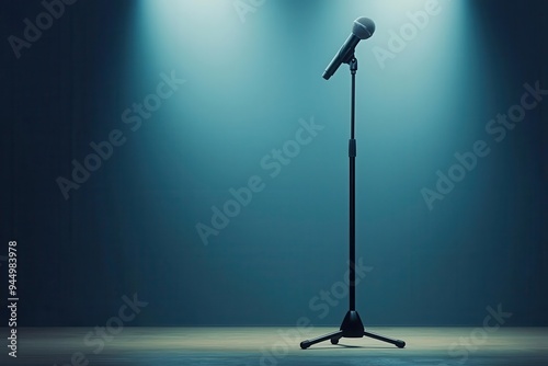 A solitary microphone stands under dramatic stage lights, symbolizing performance, creativity, and the art of public speaking. photo