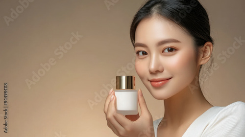 Elegant Asian woman presenting a luxurious skincare lotion in a well-lit studio, emphasizing