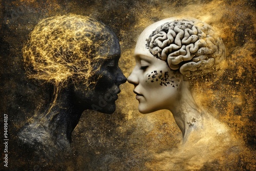 A couples profile with glowing golden brains representing a fusion of thoughts and love