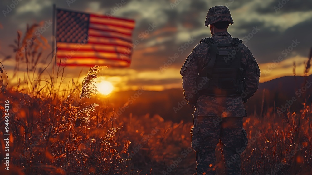 Silhouette of soldier standing in golden field at sunset, with American flag waving against dramatic sky, patriotism and sacrifice. Silhouette of soldier standing in golden field at sunset, with American flag waving against dramatic sky, patriotism and sacrifice.