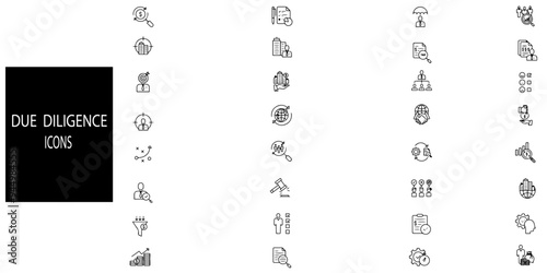 Due diligence simple concept 32 icons set. Contains such Investigation, Research, Risk Assessment, Legal Examination, Financial Analysis, Compliance Check, Document Review.Vector illustration.