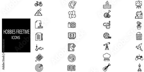 Hobbies freetime simple concept 28 icons set. Contains such music, Art, Games, Cinema,movie etc.Vector illustration.