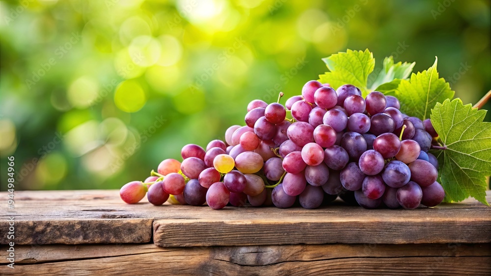 Fresh cluster of grapes on wooden plank near green foliage Fresh cluster of grapes on wooden plank near green foliage