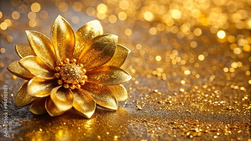 Close-up of a shiny gold flower with golden flakes on a metallic surface below photo