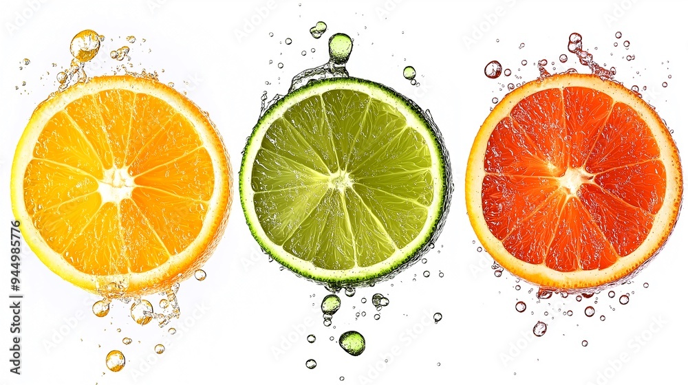 Juicy citrus fruits being sliced open, droplets of juice spraying, bright and fresh, colorful and vibrant. Isolate on white background. Generative ai illustration. Juicy citrus fruits being sliced open, droplets of juice spraying, bright and fresh, colorful and vibrant. Isolate on white background. Generative ai illustration.