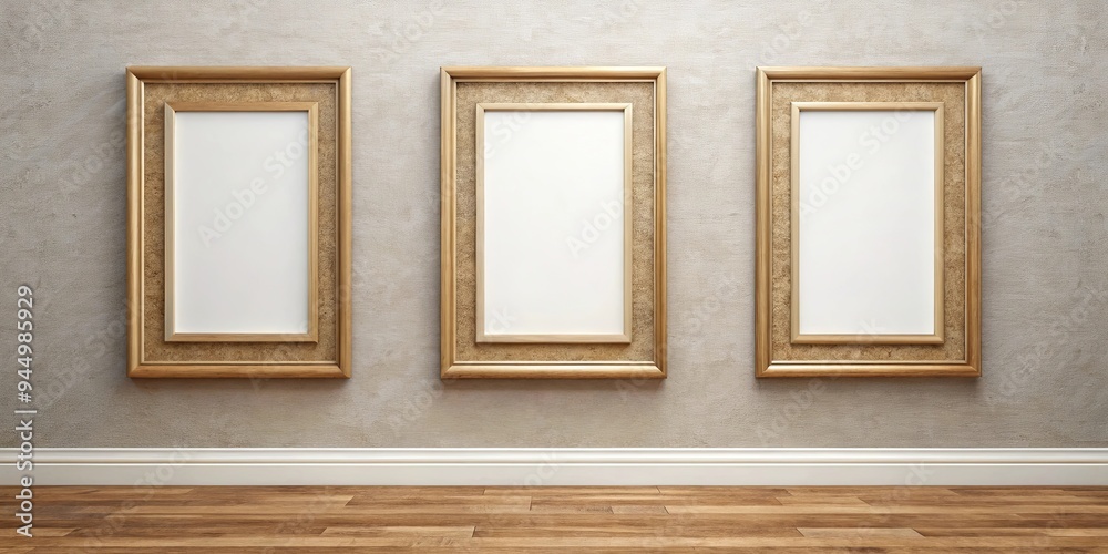 Three empty picture frames on a blank wall