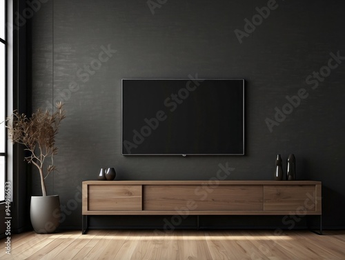 Modern living room with a flat screen TV on a wooden entertainment stand