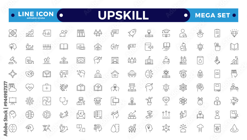 Set of Outline icons related to upskill, upskilling, personal growth, development, education, career. Outline icon collection. Editable stroke outline icon. Set of Outline icons related to upskill, upskilling, personal growth, development, education, career. Outline icon collection. Editable stroke outline icon.
