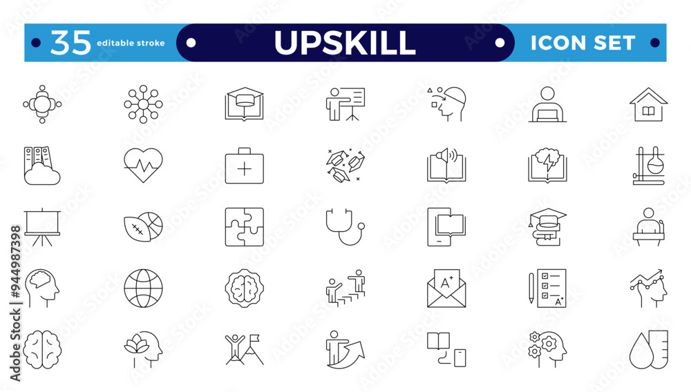 Set of Outline icons related to upskill, upskilling, personal growth, development, education, career. Outline icon collection. Editable stroke outline icon. Set of Outline icons related to upskill, upskilling, personal growth, development, education, career. Outline icon collection. Editable stroke outline icon.