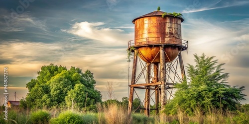 Rusty vintage water tower surrounded by overgrown weeds and faded signage, evoking nostalgia for small town American simplicity