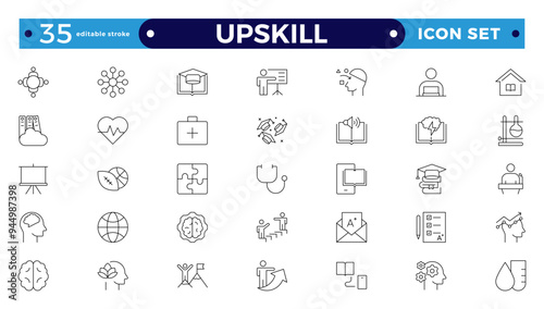 Set of Outline icons related to upskill, upskilling, personal growth, development, education, career. Outline icon collection. Editable stroke outline icon.