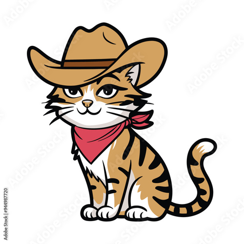 Cat wearing cowboy hat and bandana cartoon illustration
