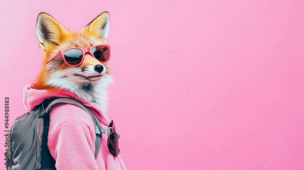 Obraz premium Red Fox Wearing Sunglasses and Pink Hoodie with Backpack on Pink Background