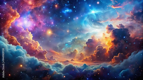 A vibrant cosmic cloudscape with nebula, stars, and fluffy clouds