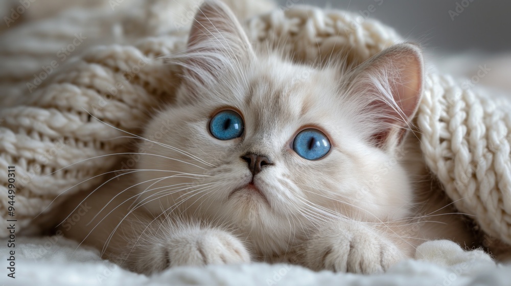 Obraz premium Cute white kitten has blue eyes. It is laying on a white cozy blanket