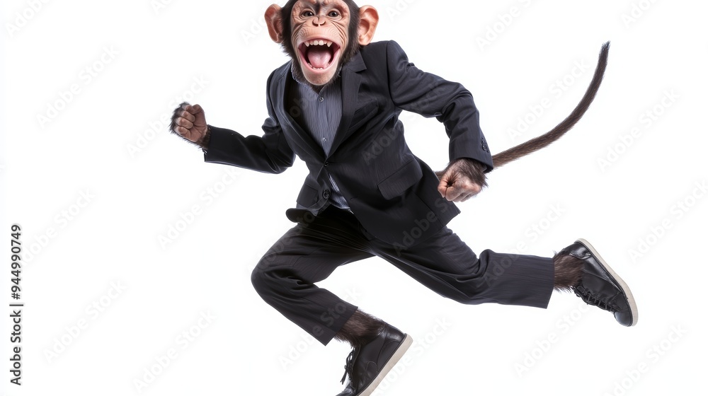 Funny Chimpanzee in Suit Jumping Isolated on White Background Funny Chimpanzee in Suit Jumping Isolated on White Background