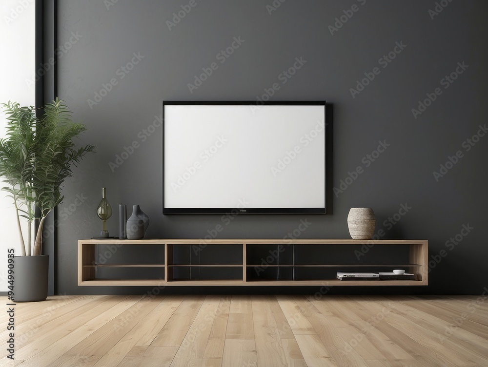 Modern Living Room with Flat-Screen TV and Floating Shelf Unit Modern Living Room with Flat-Screen TV and Floating Shelf Unit