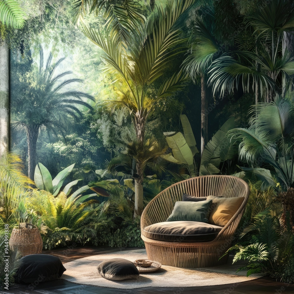 Fototapeta premium Tranquil Jungle Oasis With Bold Palm Leaf Design Seating Area