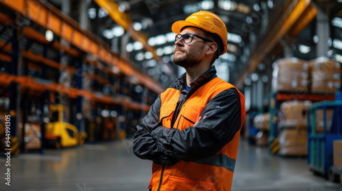 Warehouse manager standing confidently with crossed arms in a large, organized warehouse, wearing safety gear and glasses.