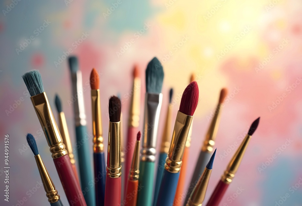 Fototapeta premium Assortment of paintbrushes in various sizes and shapes, with a blurred background