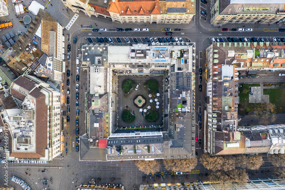 Zurich, Switzerland: Aerial overhead drone view of luxury real estate properties along the Bahnhof strasse, the main street in Zurich downtown and business district.