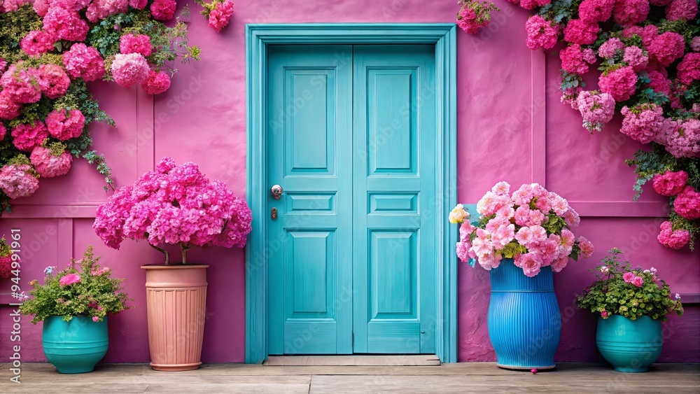Aesthetic image of a pink door surrounded by pink flowers and a blue vase with matching flowers Aesthetic image of a pink door surrounded by pink flowers and a blue vase with matching flowers