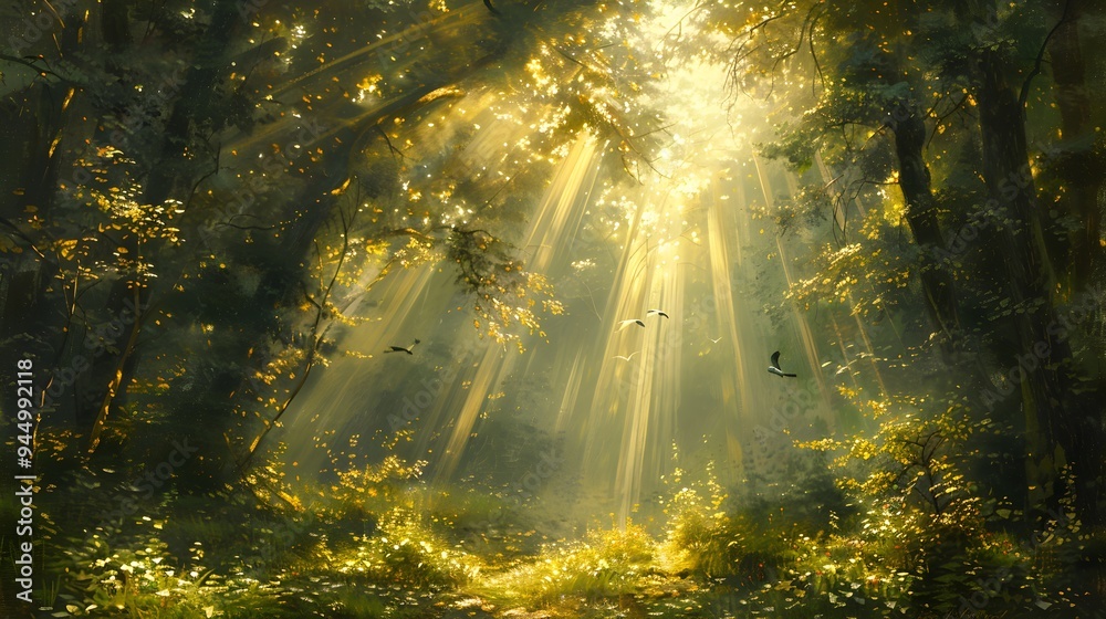 Sun-dappled mystical forest, rays of light piercing through dense foliage, portrayed with a rich, layered oil painting technique, every stroke hand-rendered Sun-dappled mystical forest, rays of light piercing through dense foliage, portrayed with a rich, layered oil painting technique, every stroke hand-rendered