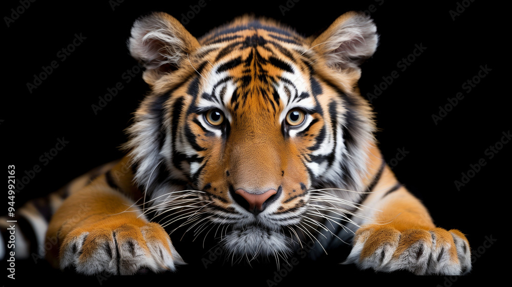 Naklejka premium Angry tiger,Sumatran tiger, beautiful animal and his portrait. Amur tiger walking in river water. Danger animal, tajga, Russia. Animal in green forest stream. Grey stone. The Siberian tiger