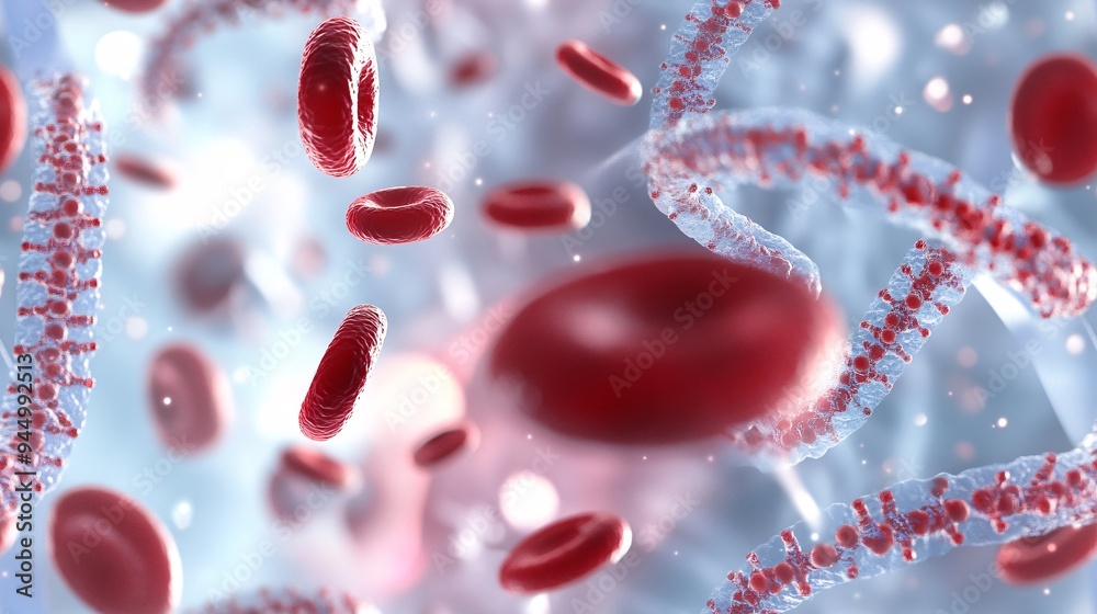 Detailed microbiological scene with red blood cells traveling through an artery, accompanied by DNA strands, representing genetic research Detailed microbiological scene with red blood cells traveling through an artery, accompanied by DNA strands, representing genetic research