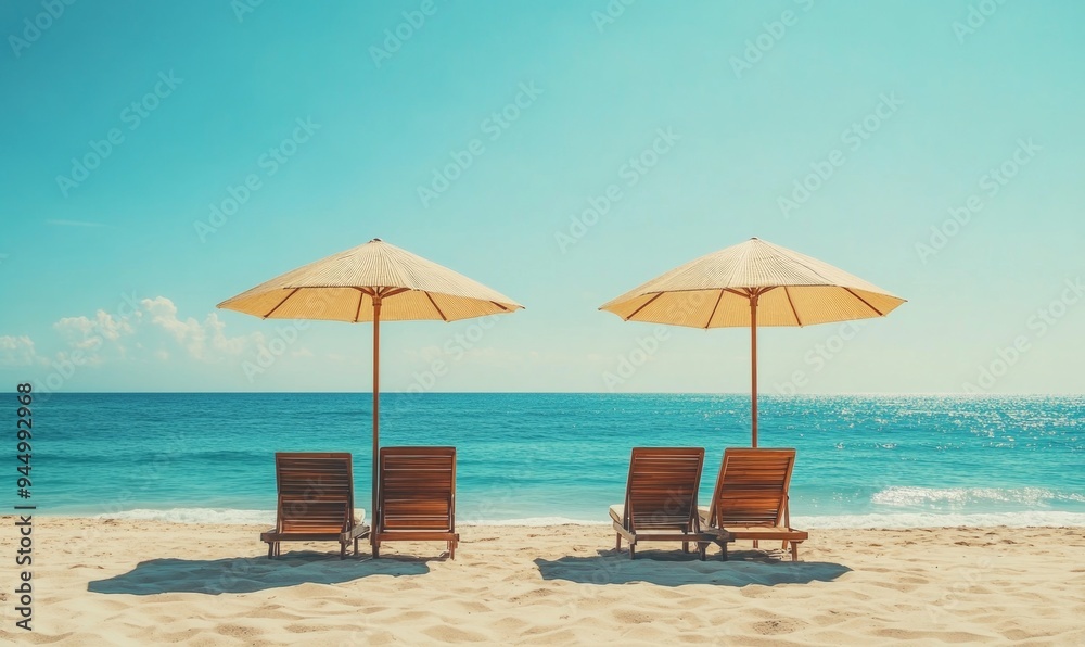Obraz premium Serene Beachside Retreat: Two Umbrellas Casting Shadows on Wooden Loungers by Pristine Blue Ocean. Minimalist Summer Paradise Scene for Vacation Marketing, Travel Advertisements, and Relaxation Concep