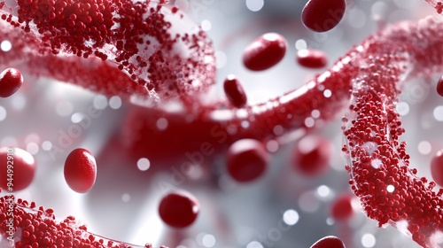 Abstract background featuring a close-up of erythrocytes flowing through an artery, intertwined with genetic DNA strands in a microbiology setting