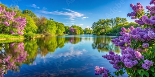 Vibrant purple lilacs and blooming trees surround a serene lake on a sunny spring morning in Minnesota, capturing the essence of the season's renewal