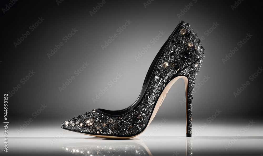 Obraz premium A black stiletto heel with sparkling embellishments is photographed on a white background