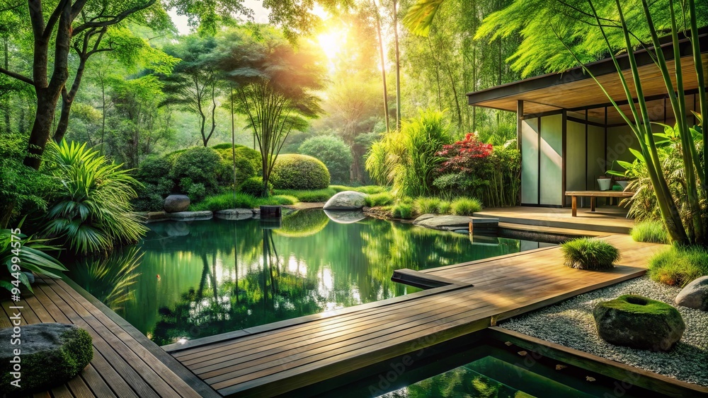 Tranquil green oasis with minimalist design elements, surrounded by nature, radiating serenity and zen vibes Tranquil green oasis with minimalist design elements, surrounded by nature, radiating serenity and zen vibes